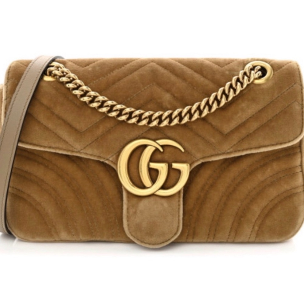 ✨ Gucci Small GG Marmont Velvet Shoulder Bag – Gold Brown ✨